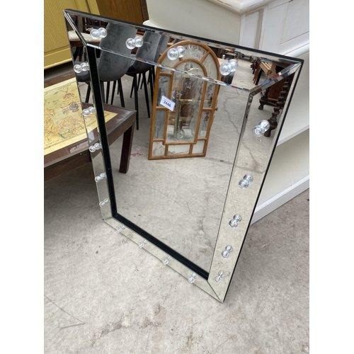 2446 - A MODERN TWO TIER WALL MIRROR WITH BRASS BALL DECORATION, 32X24