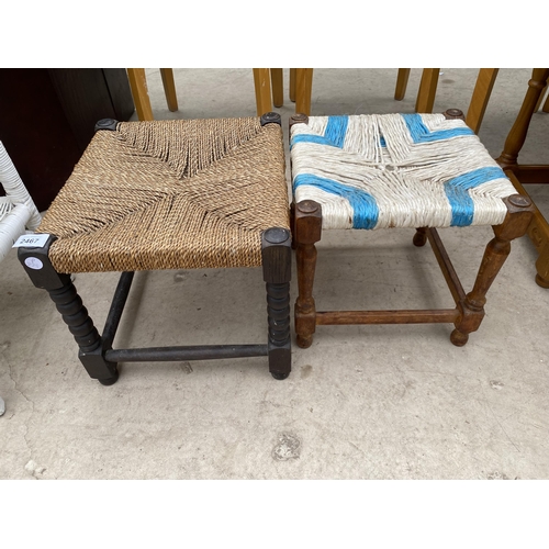 2467 - TWO OAK STOOLS WITH WOVEN TOPS