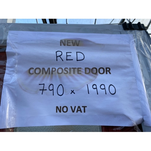 614 - A NEW RED COMPOSITE DOOR AND  FRAME 790MM X 1990MM   LOCK AND KEYS IN LETTER BOX  NO VAT