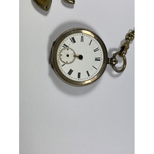 554 - AN .800 GRADE CONTINENTAL SILVER LADIES POCKET WATCH WITH VINTAGE PLATED ALBERT CHAIN