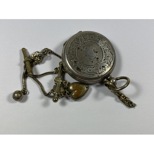 554 - AN .800 GRADE CONTINENTAL SILVER LADIES POCKET WATCH WITH VINTAGE PLATED ALBERT CHAIN