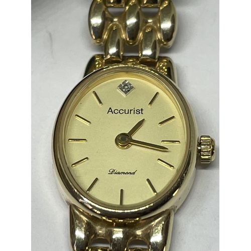 621 - A LADIES ACCURIST DIAMOND WRIST WATCH WITH 9 CARAT GOLD CASE AND STRAP IN A PRESENTATION BOX