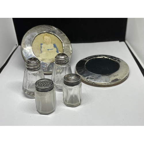 647 - VARIOUS SILVER ITEMS TO INCLUDE FRAMES, SALT AND PEPPER POTS