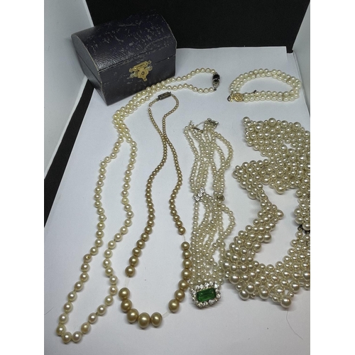 526 - THREE PEARL NECKLACES, A CHOKER AND BRACELET WITH A  PRESENTATION BOX