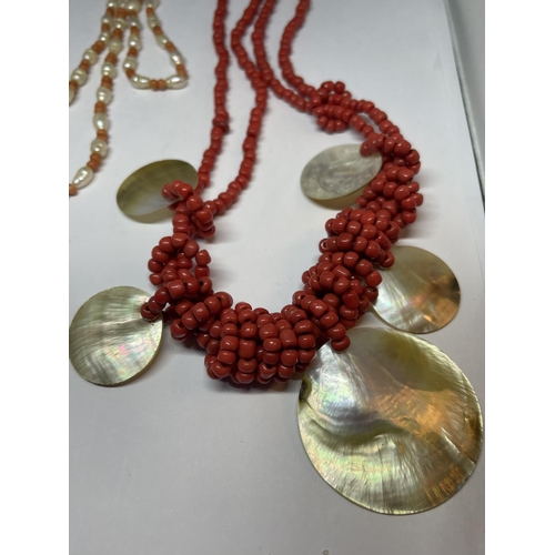 528 - THREE NECKLACES TO INCLUDE TWO CORAL AND SHELL AND A PAIR OF EARRINGS