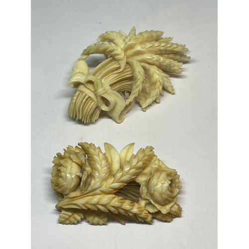 537 - TWO CARVED BONE BROOCHES IN A WHEATSHEAF DESIGN WITH A PRESENTATION BOX