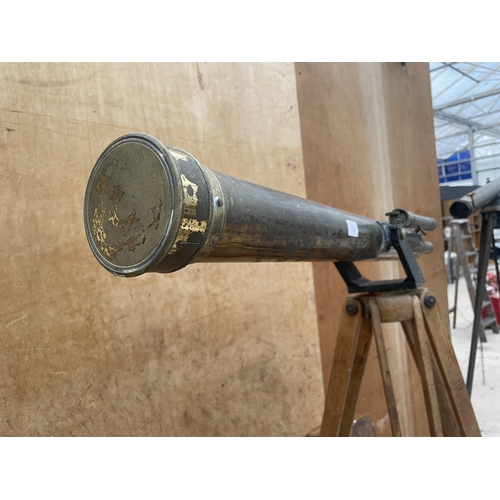 1202 - A VINTAGE BRASS FLATTERS AND GARNETT LTD TELESCOPE WITH VINTAGE WOODEN TRIPOD STAND AND WOODEN CARRY... 