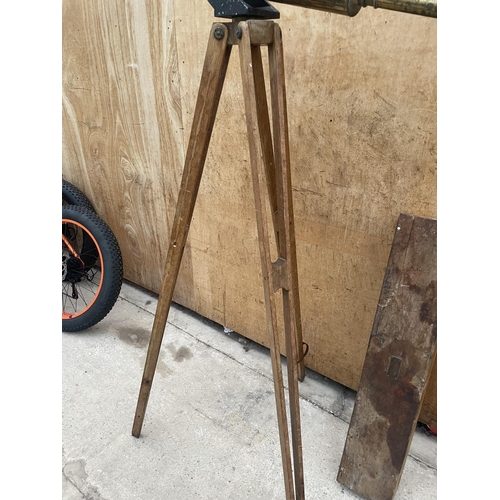 1202 - A VINTAGE BRASS FLATTERS AND GARNETT LTD TELESCOPE WITH VINTAGE WOODEN TRIPOD STAND AND WOODEN CARRY... 