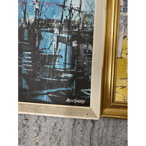 438 - RON SMITH (BRITISH 20TH CENTURY) 'NIGHT HARBOUR', OIL ON BOARD, SIGNED, 51X25CM, FRAMED, COLOUR PRIN... 