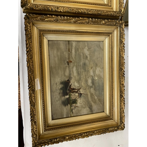 455 - A.V. (EARLY 20TH CENTURY) PAIR OF SHIPPING SCENES, OIL ON BOARDS, BEARS INITIALS, 22X30CM, FRAMED