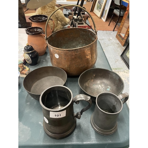 101 - A COPPER RANGE COOKING POT, TWO COPPER DISHES PLUS TWO PEWTER TANKARDS