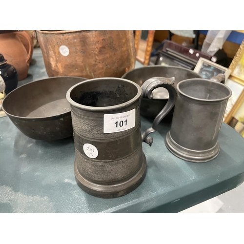 101 - A COPPER RANGE COOKING POT, TWO COPPER DISHES PLUS TWO PEWTER TANKARDS