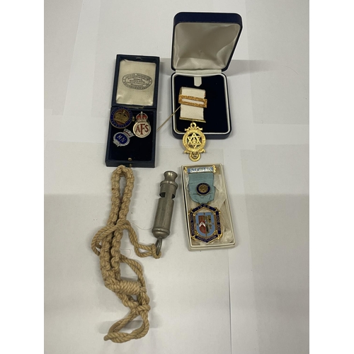 108 - TWO BOXED MASONIC MEDALS, BADGES AND A VINTAGE POLICEMAN'S WHISTLE ON CORD