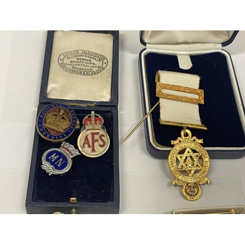 108 - TWO BOXED MASONIC MEDALS, BADGES AND A VINTAGE POLICEMAN'S WHISTLE ON CORD