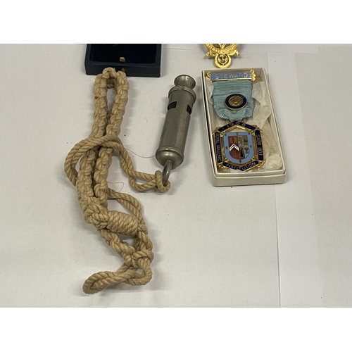 108 - TWO BOXED MASONIC MEDALS, BADGES AND A VINTAGE POLICEMAN'S WHISTLE ON CORD