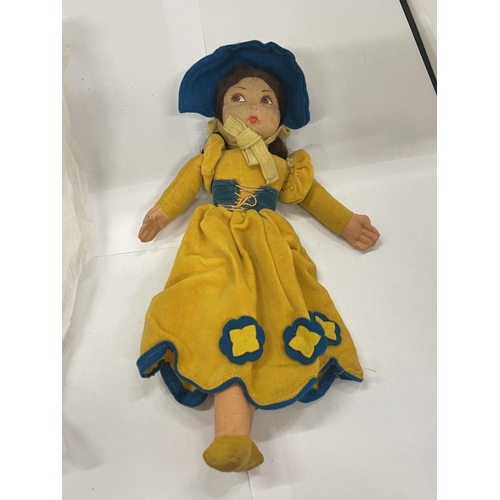 114 - TWO VINTAGE NORAH WELLINGS CLOTH DOLLS WITH LABELS TO FEET TO INCLUDE ONE IN A YELLOW DRESS AND A SM... 