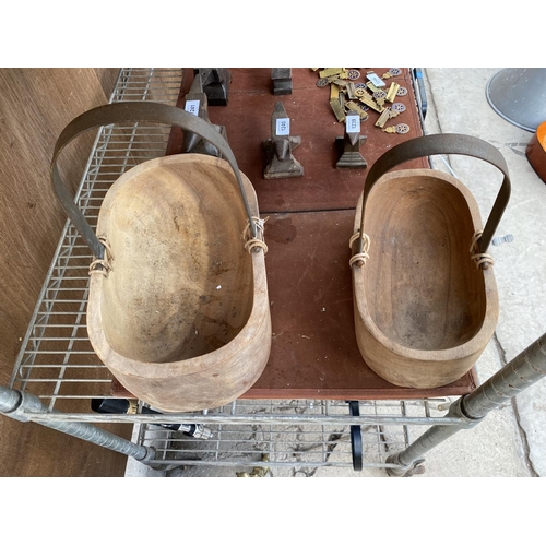 1238 - TWO GRADUATED WOODEN TRUGS WITH METAL BANDED HANDLES