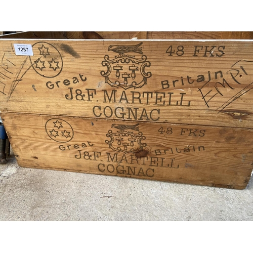 1257 - A WOODEN MONOGRAMED 'J&F MARTELL COGNAC' BOX