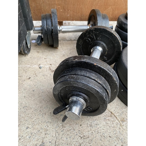 1288 - AN ASSORTMENT OF WEIGHTS TO INCLUDE A WEIGHT LIFTING BAR AND FOUR DUMB BELLS