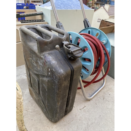 1317 - A HOSE PIPE REEL AND A METAL JERRY CAN