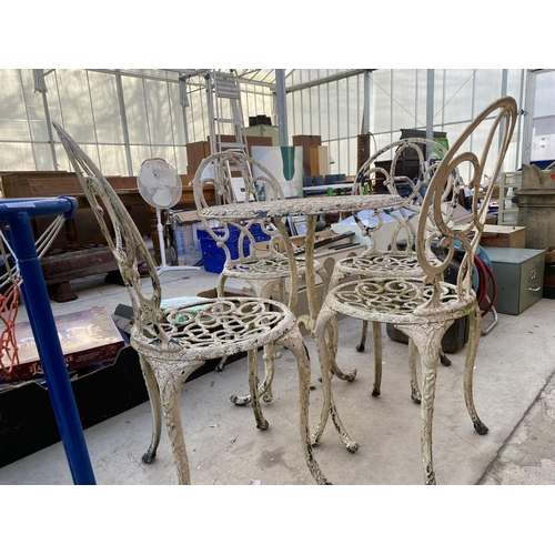 1318 - A CAST ALLOY BISTRO SET COMPRISING OF A ROUND TABLE AND FOUR CHAIRS