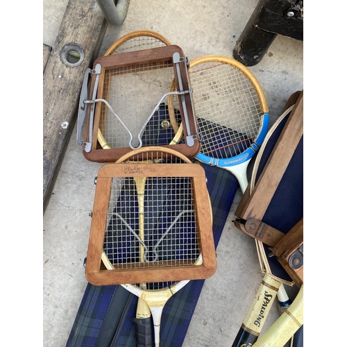 1333 - AN ASSORTMENT OF VINTAGE WOODEN TENNIS AND BADMINTON RACKETS SOME WITH COVERS