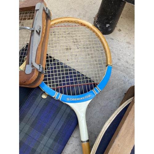 1333 - AN ASSORTMENT OF VINTAGE WOODEN TENNIS AND BADMINTON RACKETS SOME WITH COVERS