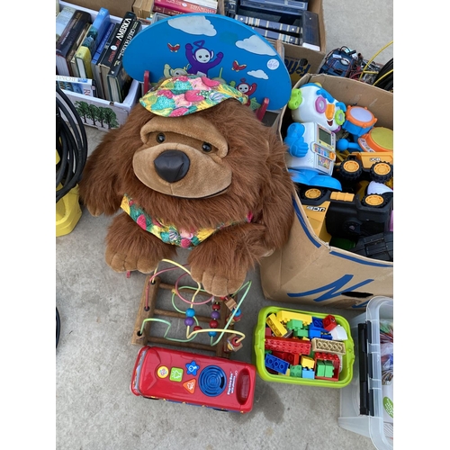 1466 - A LARGE ASSORTMENT OF CHILDRENS TOYS TO INCLUDE BUILDING BLOCKS, VEHICLES AND CUDDLY TOYS ETC