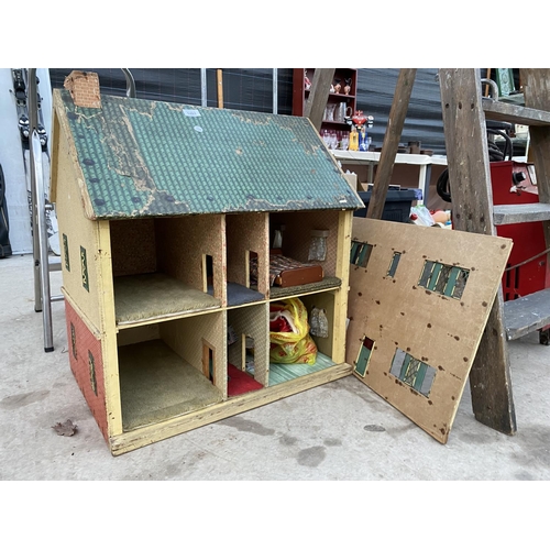 1481 - A VINTAGE WOODEN DOLLS HOUSE WITH SOME FURNITURE