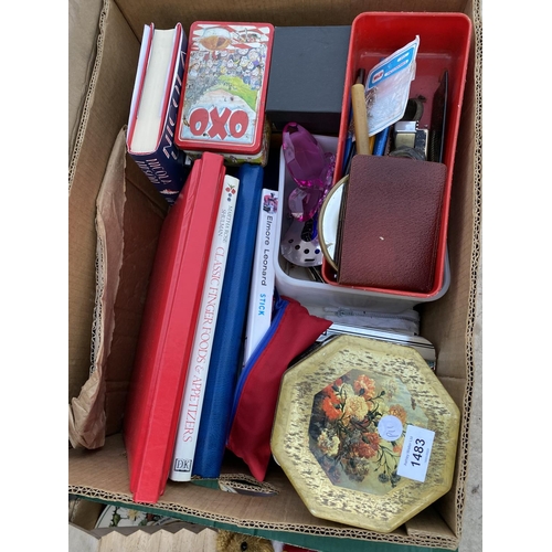 1483 - AN ASSORTMENT OF ITEMS TO INCLUDE BOOKS, VINTAGE TINS AND CERAMICS ETC