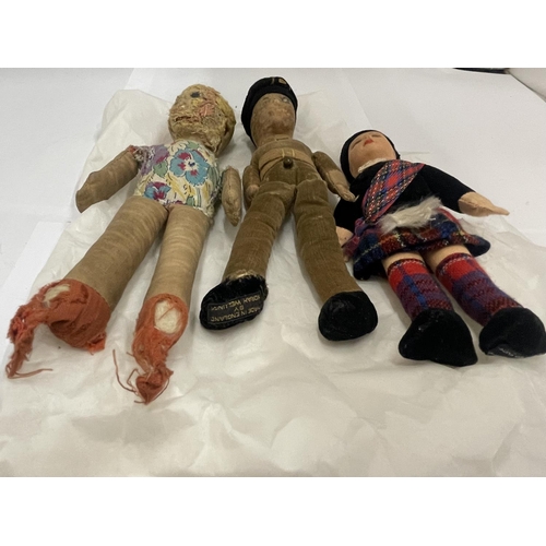 149 - TWO VINTAGE NORAH WELLINGS DOLLS - A SCOTTISHMAN AND A SOLDIER WITH LABEL TO FEET PLUS ANOTHER NORAH... 