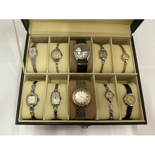 151 - A BOX CONTAINING TEN VINTAGE WRISTWATCHES TO INCLUDE TIMEX, ETC