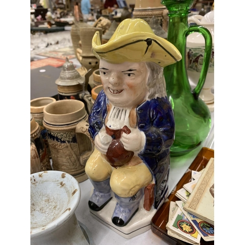 197 - A LARGE QUANTITY OF BEER STEINS SOME WITH LIDS PLUS A TOBY JUG, VASE, ETC