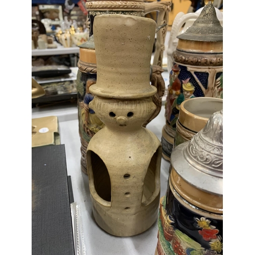 197 - A LARGE QUANTITY OF BEER STEINS SOME WITH LIDS PLUS A TOBY JUG, VASE, ETC