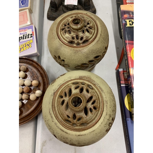 202 - THREE PIECES OF STUDIO POTTERY TO INCLUDE TWO INSENCE BURNERS