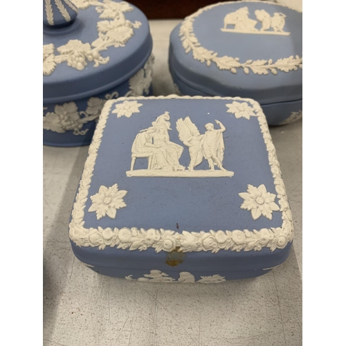 207 - A QUANTITY OF WEDGWOOD JASPERWARE TO INCLUDE TRINKET BOXES, CANDLESTICKS, ETC