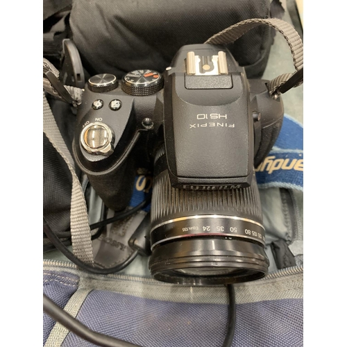 220 - A VINTAGE OLYMPUS ZOOM CAMERA, MAXIM DIGITAL CAMERA, FUJIFILM HS 10 AND A SAMSUNG ZOOM LENS, THREE I... 