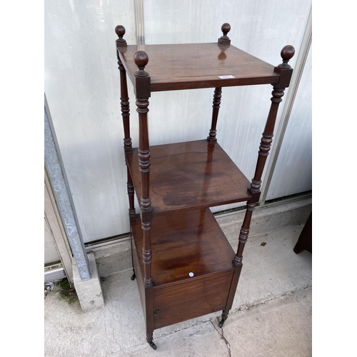 2201 - A 19TH CENTURY MAHOGANY THREE TIER WHATNOT WITH CUPBOARD TO THE BASE, ON TURNED UPRIGHTS, 16.5