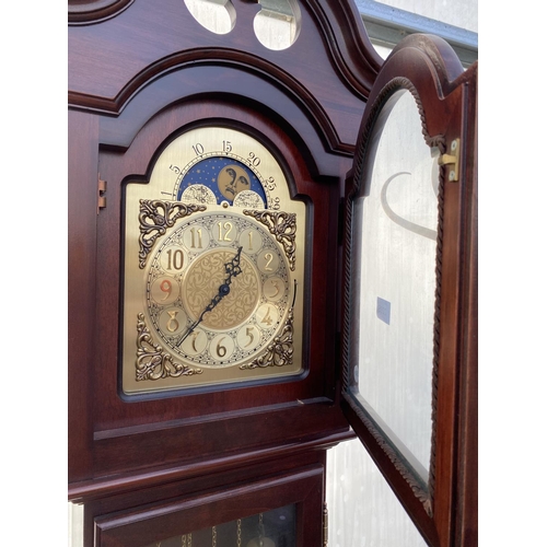 2205 - A MODERN BRASS FACED LONGCASE CLOCK WITH ROLLING MOON, THREE WEIGHTS AND SWAN NECK PEDIMENT