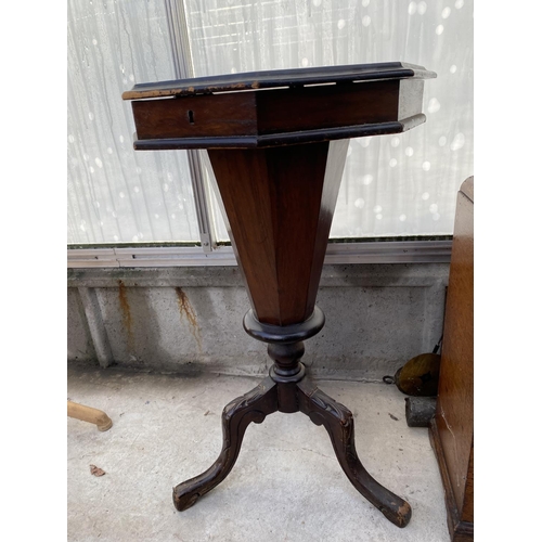 2207 - A VICTORIAN WALNUT OCTAGONAL SEWING TABLE ON TRIPOD BASE