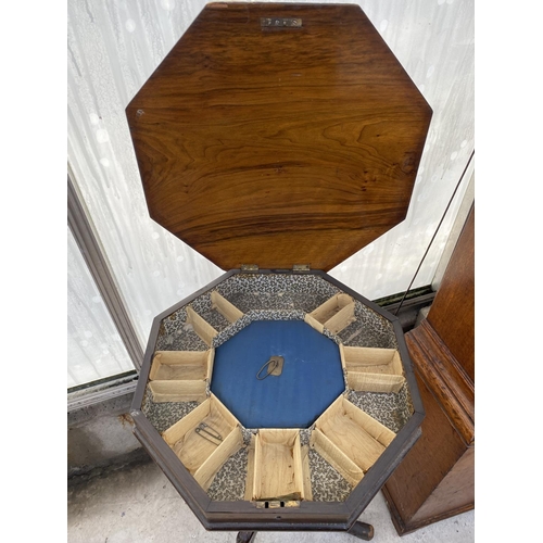 2207 - A VICTORIAN WALNUT OCTAGONAL SEWING TABLE ON TRIPOD BASE