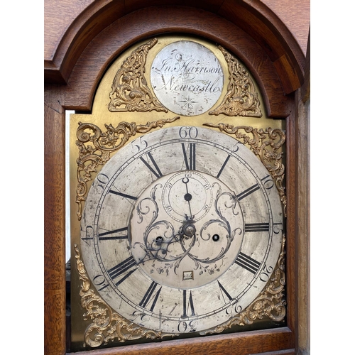 2208 - AN 18TH CENTURY OAK CASED LONGCASE CLOCK WITH ARCHED BRASS DIAL (JN. HARRISON, NEWCASTLE) WITH SWAN ... 