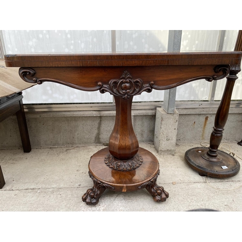 2210 - A REGENCY ROSEWOOD FOLD-OVER CARD TABLE ON PLATEAU BASE WITH CLAW FEET, 36