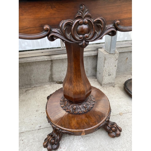 2210 - A REGENCY ROSEWOOD FOLD-OVER CARD TABLE ON PLATEAU BASE WITH CLAW FEET, 36