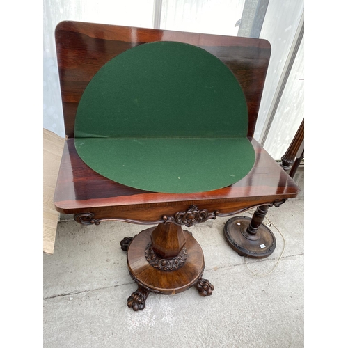 2210 - A REGENCY ROSEWOOD FOLD-OVER CARD TABLE ON PLATEAU BASE WITH CLAW FEET, 36