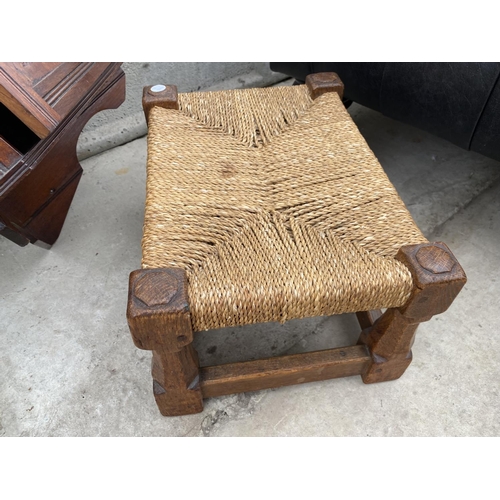 2214 - A 19TH CENTURY OAK CORNER WALL CABINET WITH PIERCED GALLERY AND SMALL STOOL