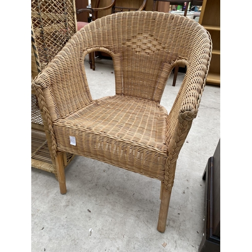 2249 - A PAIR OF WICKER CONSERVATORY CHAIRS AND DISPLAY SHELVES