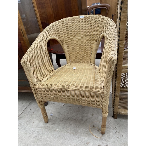 2249 - A PAIR OF WICKER CONSERVATORY CHAIRS AND DISPLAY SHELVES