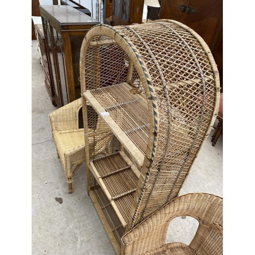 2249 - A PAIR OF WICKER CONSERVATORY CHAIRS AND DISPLAY SHELVES