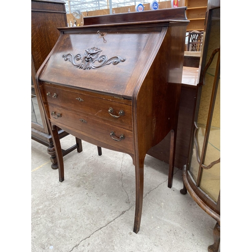 2268 - AN EDWARDIAN MAHOGANY FALL FRONT BUREAU WITH CARVED FLAP ON OPEN BASE, 29